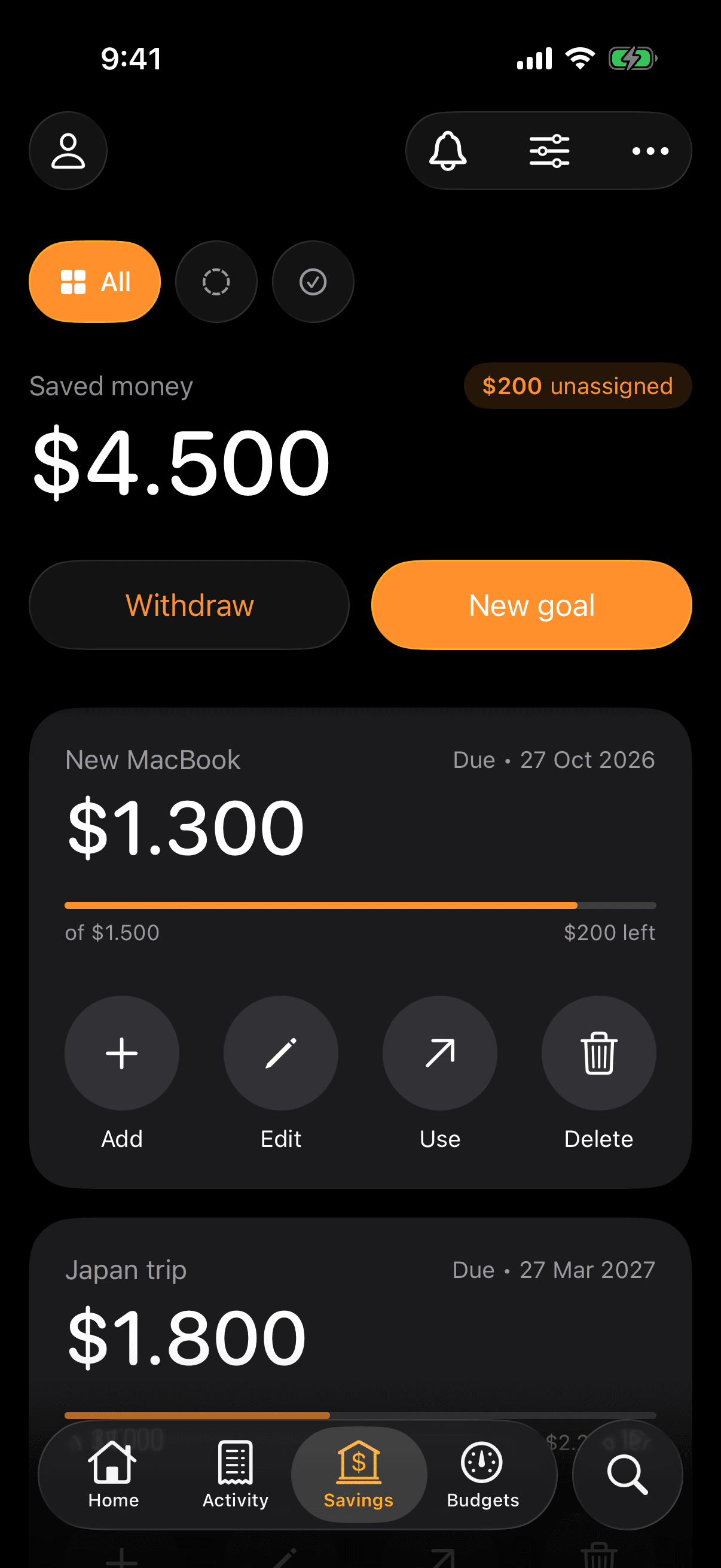 Lucia savings goals screen